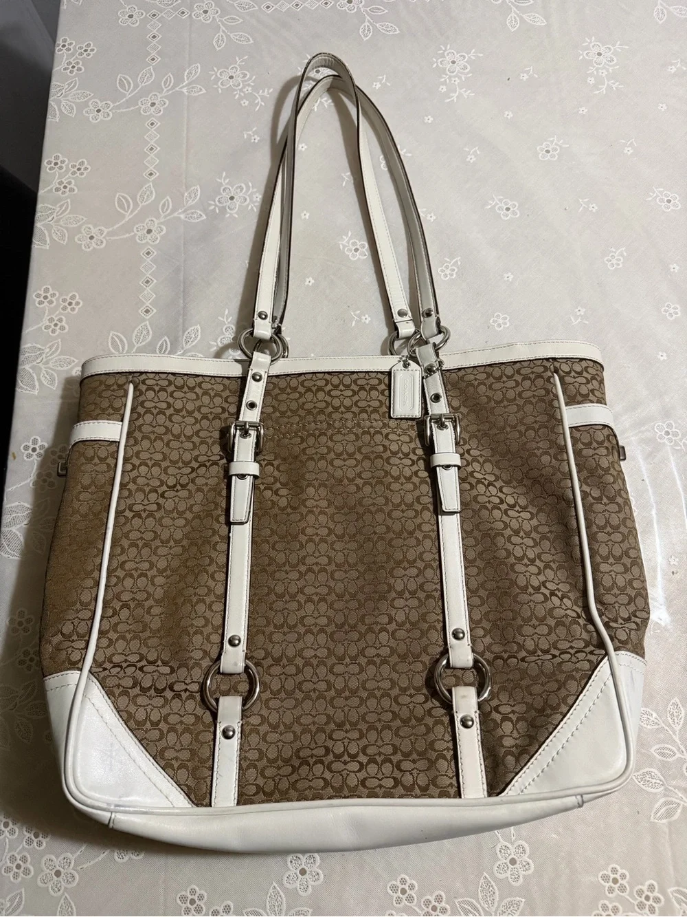 Coach Signature Gallery Tote F11526 Khaki Jacquard White Leather Trim